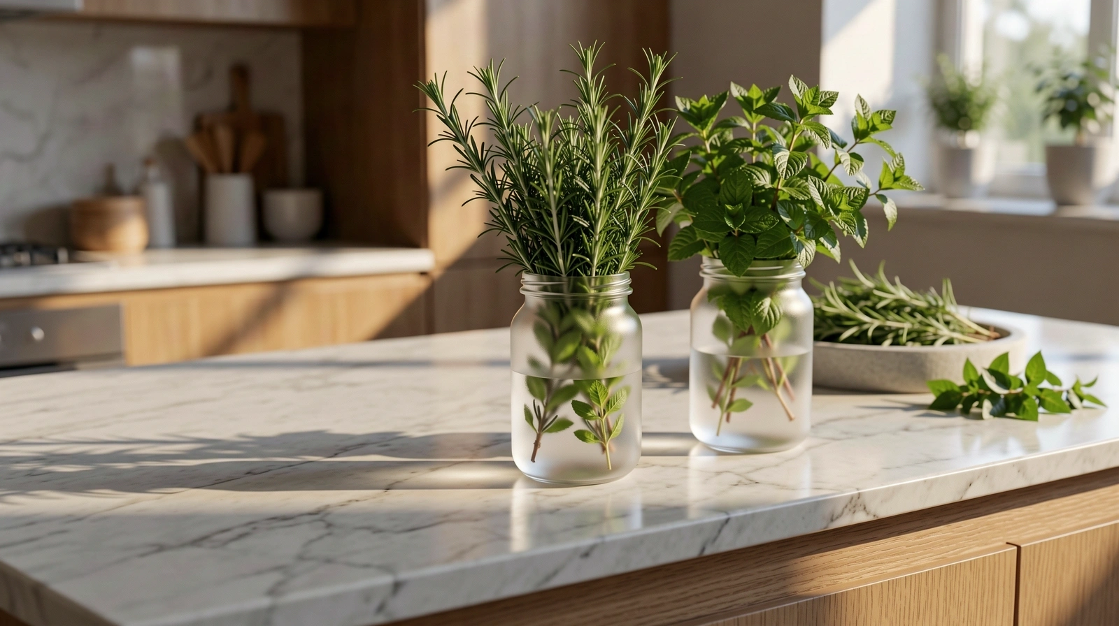 Sun-drenched wellness kitchen with fresh herbs